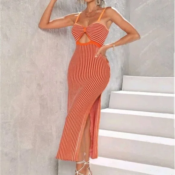 Sherbet striped cutout split hem midi dress summer beachy vacay trendy - Picture 6 of 7